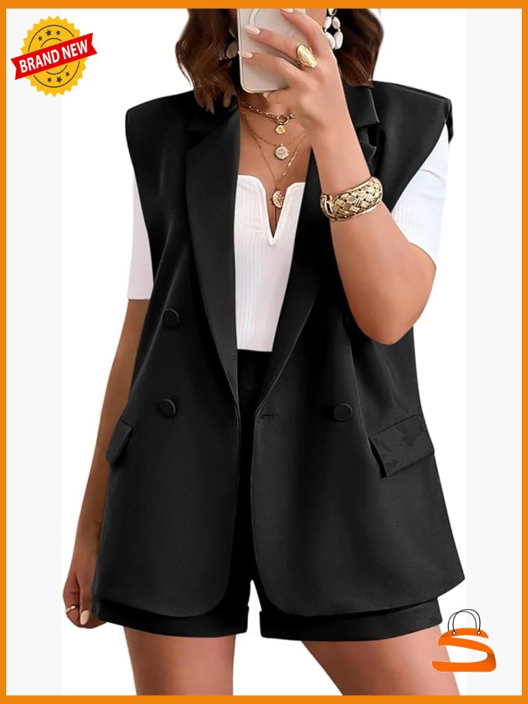 Womens Sleeveless Blazer And High Waist Shorts Set Suit Business Casual Outfit